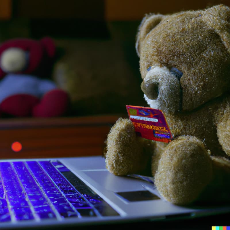 teddy bear holding a credit card, looking confused at a laptop