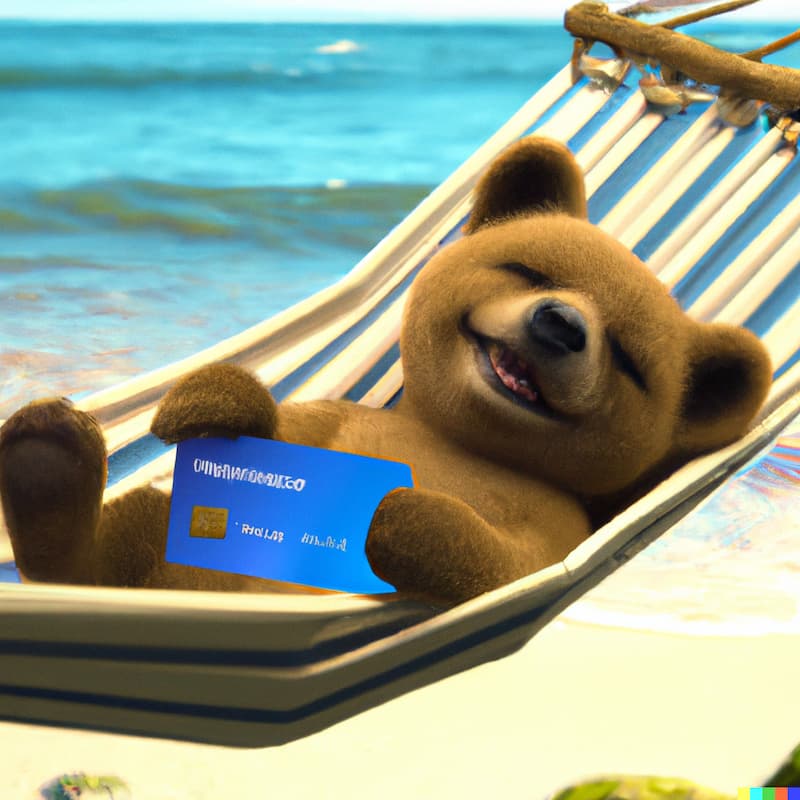 teddy bear holding a credit card while lying in a hammock