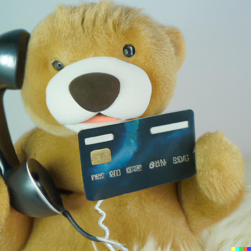 teddy bear on the phone, holding a card